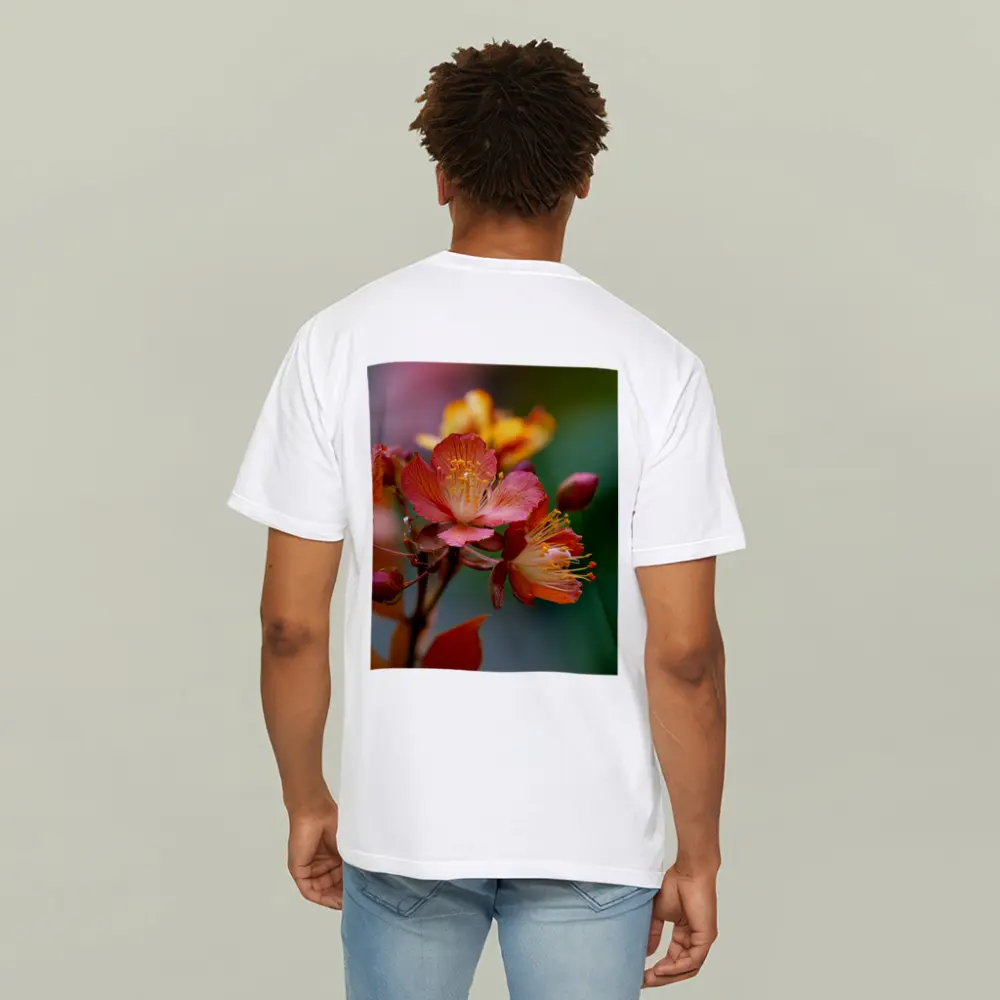 Red Orange Tropical Flowers Green Background – T-Shirts
