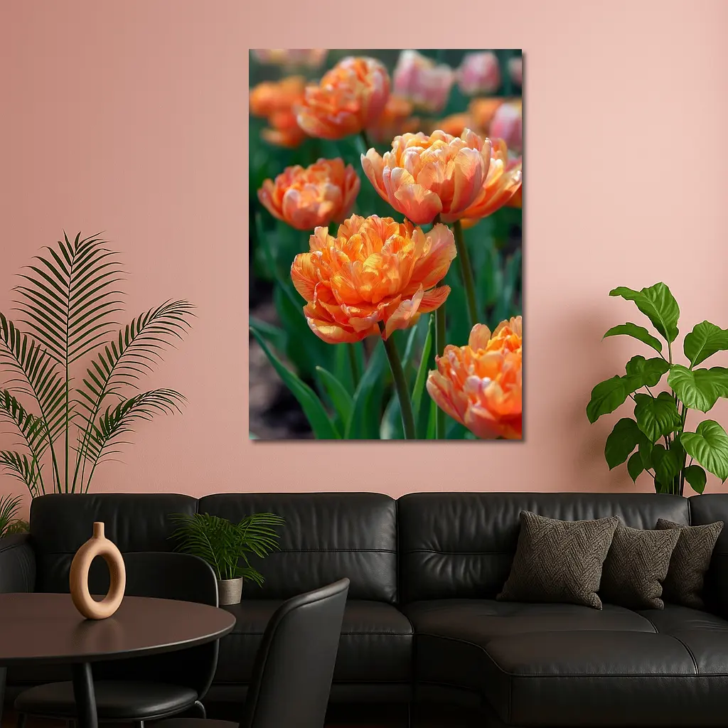 Orange Double Tulips Garden Sunny Day – Wall Art
