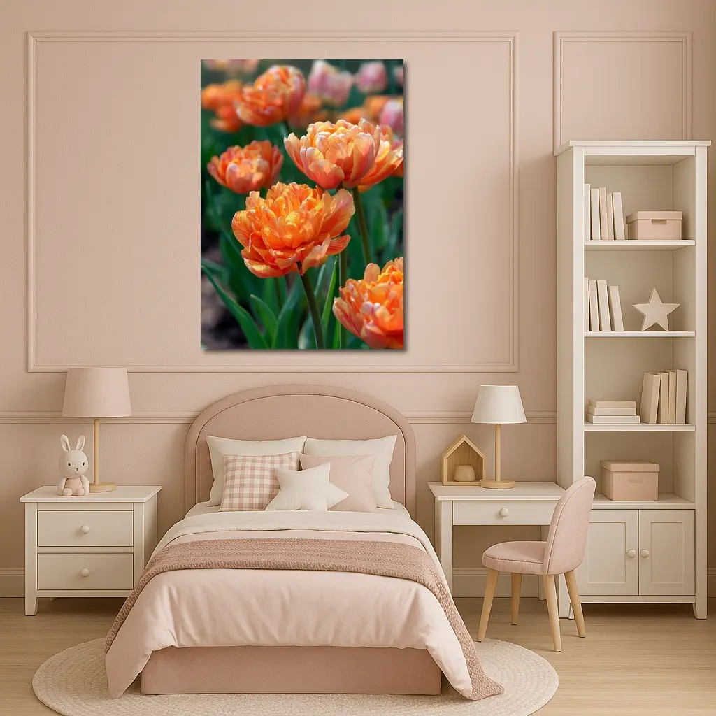 Orange Double Tulips Garden Sunny Day – Wall Art