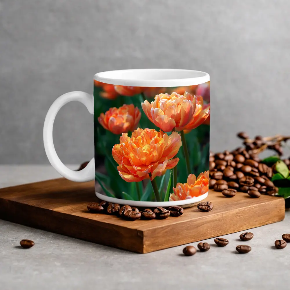 Orange Double Tulips Garden Sunny Day – Mugs