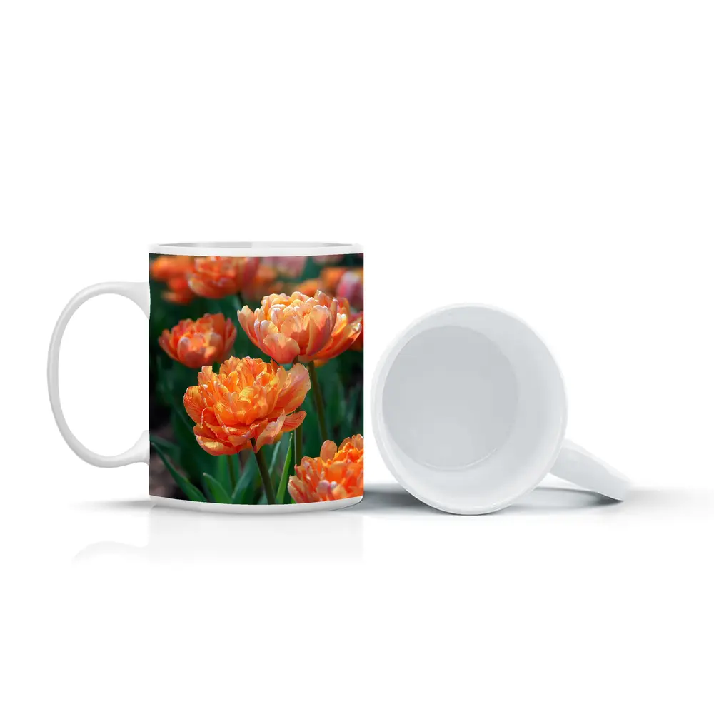 Orange Double Tulips Garden Sunny Day – Mugs