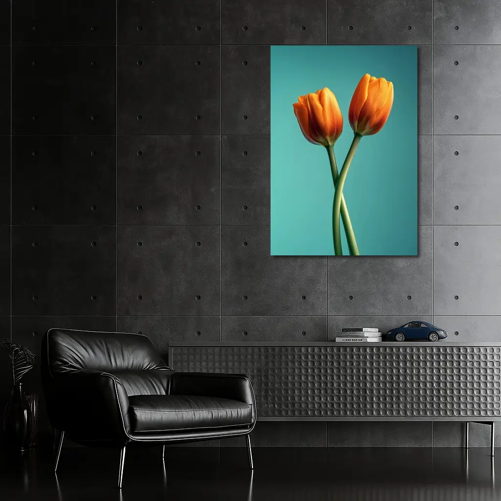 Two Orange Tulips Teal Background – Wall Art