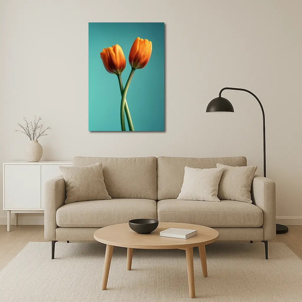Two Orange Tulips Teal Background – Wall Art