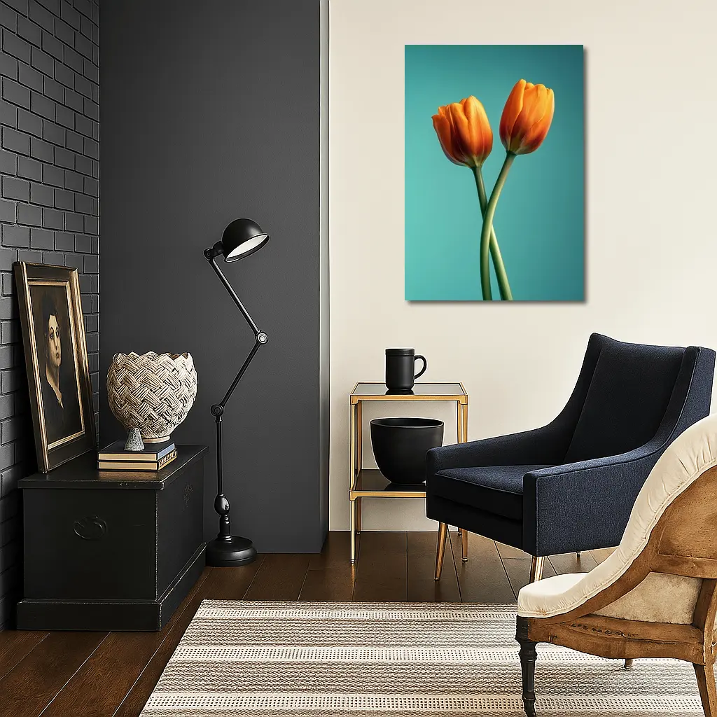Two Orange Tulips Teal Background – Wall Art