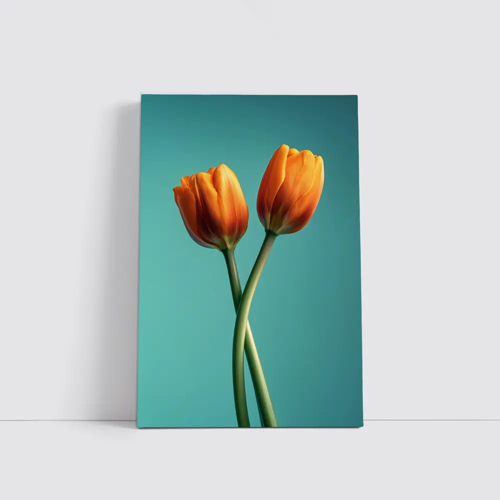 Two Orange Tulips Teal Background – Wall Art