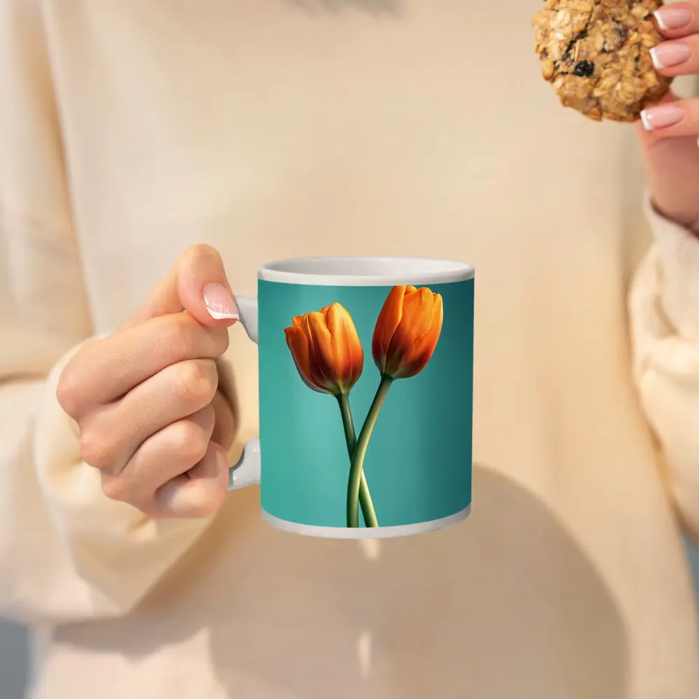 Two Orange Tulips Teal Background – Mugs