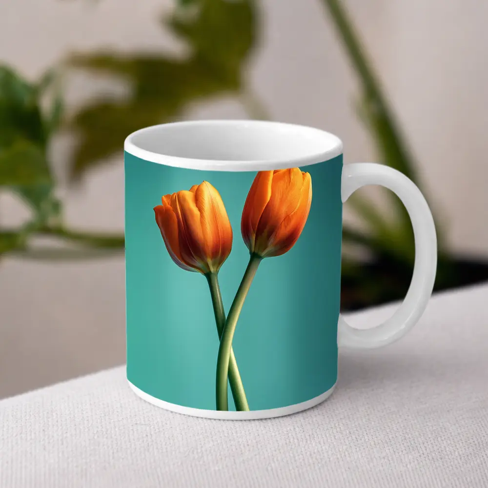 Two Orange Tulips Teal Background – Mugs