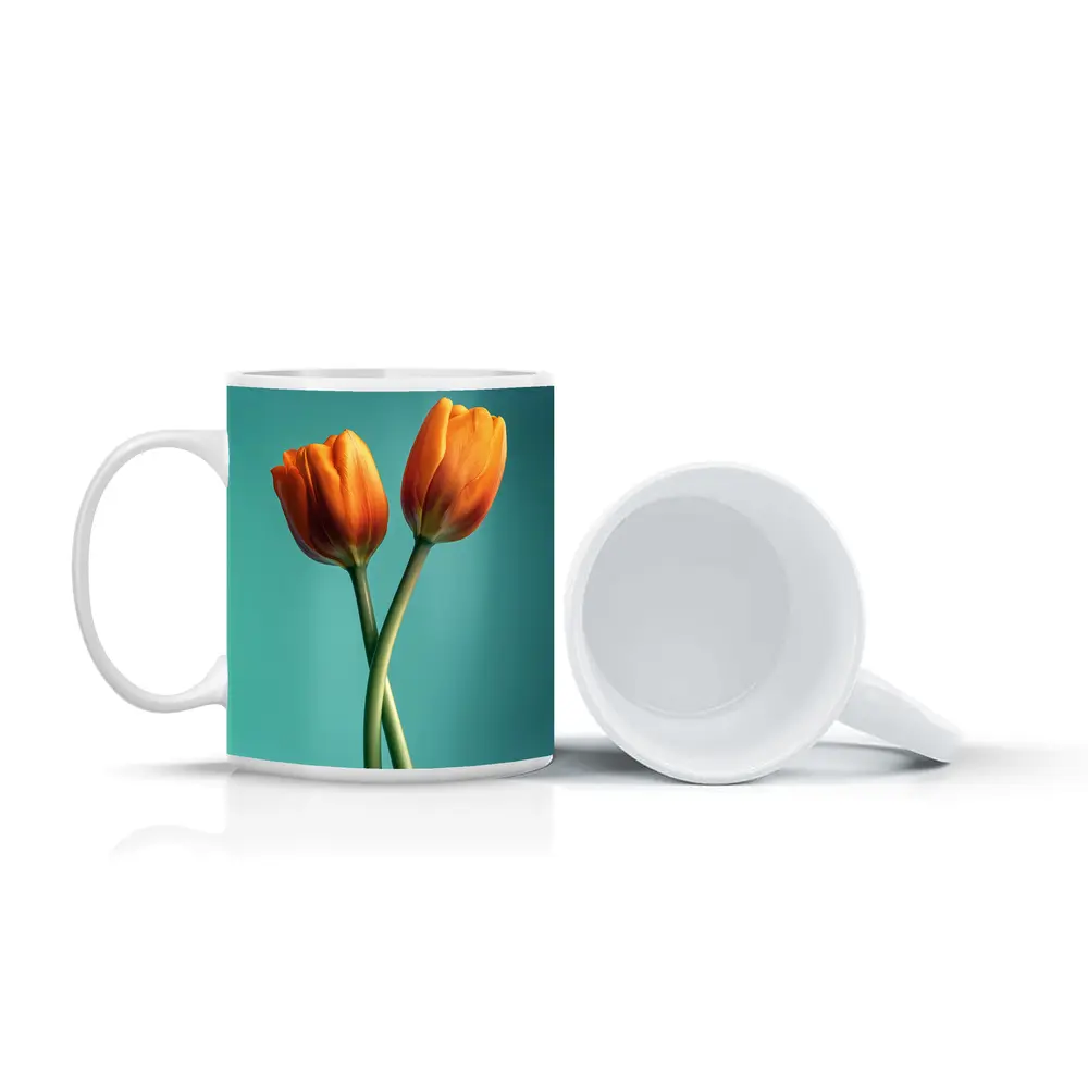 Two Orange Tulips Teal Background – Mugs