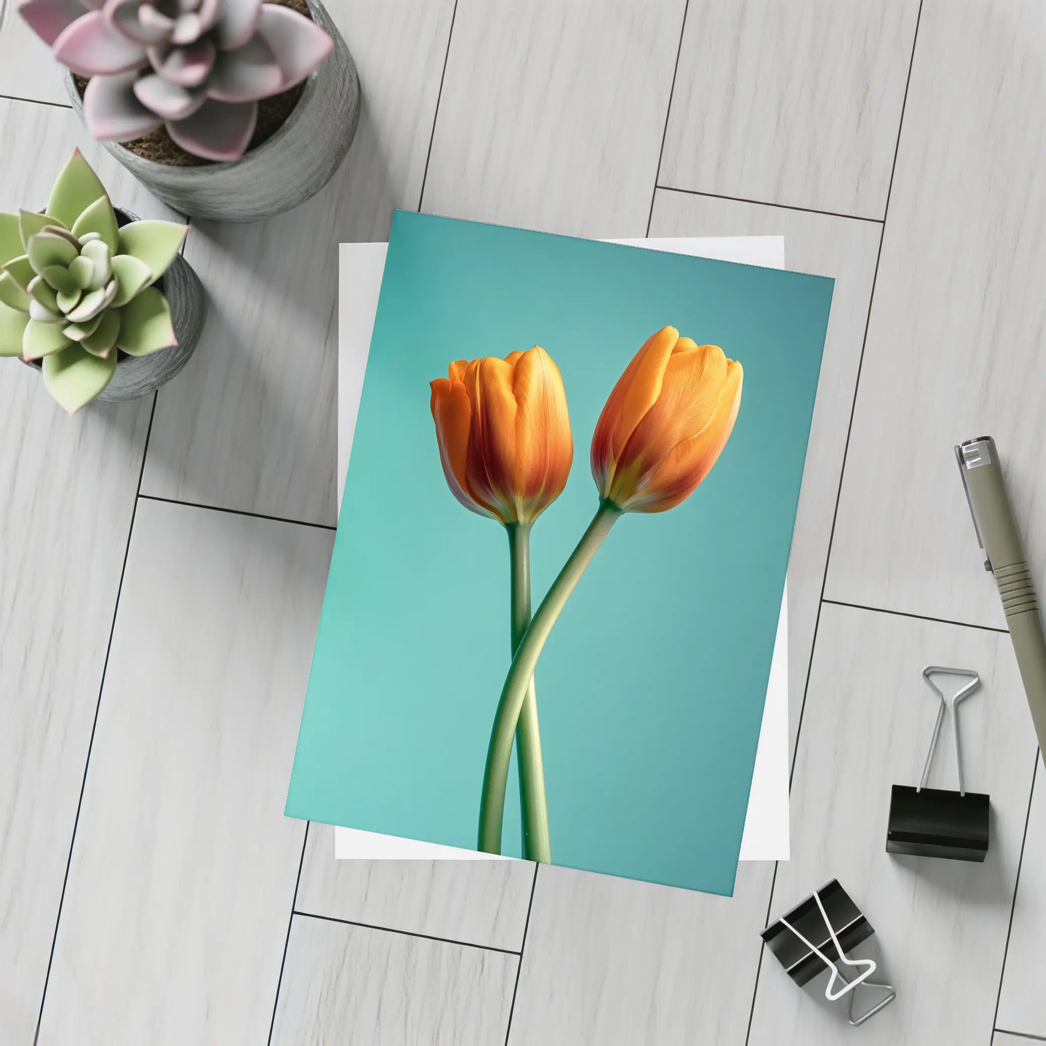 Two Orange Tulips Teal Background – Postcards