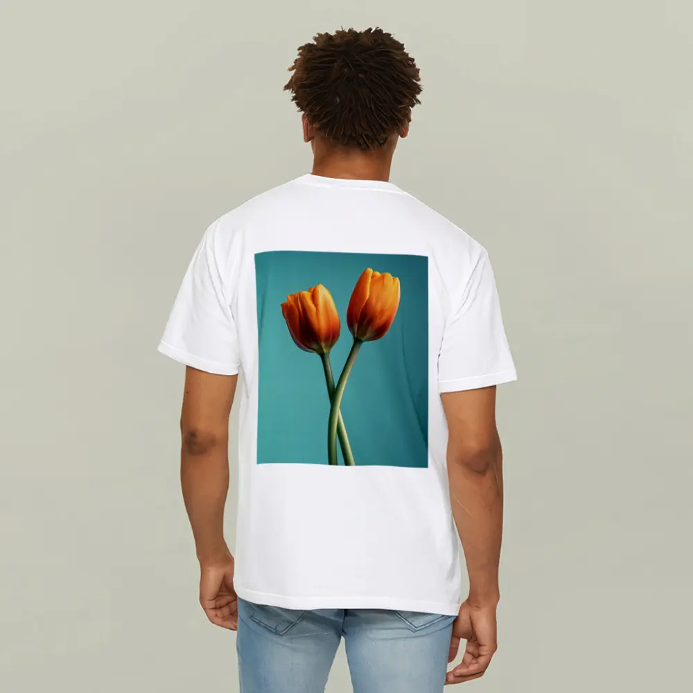 Two Orange Tulips Teal Background – T-Shirts