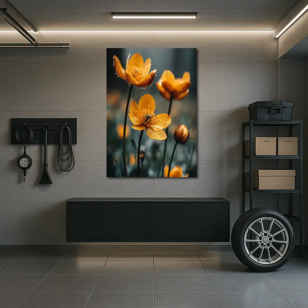 Orange Buttercup Flowers With Rain Drops – Wall Art