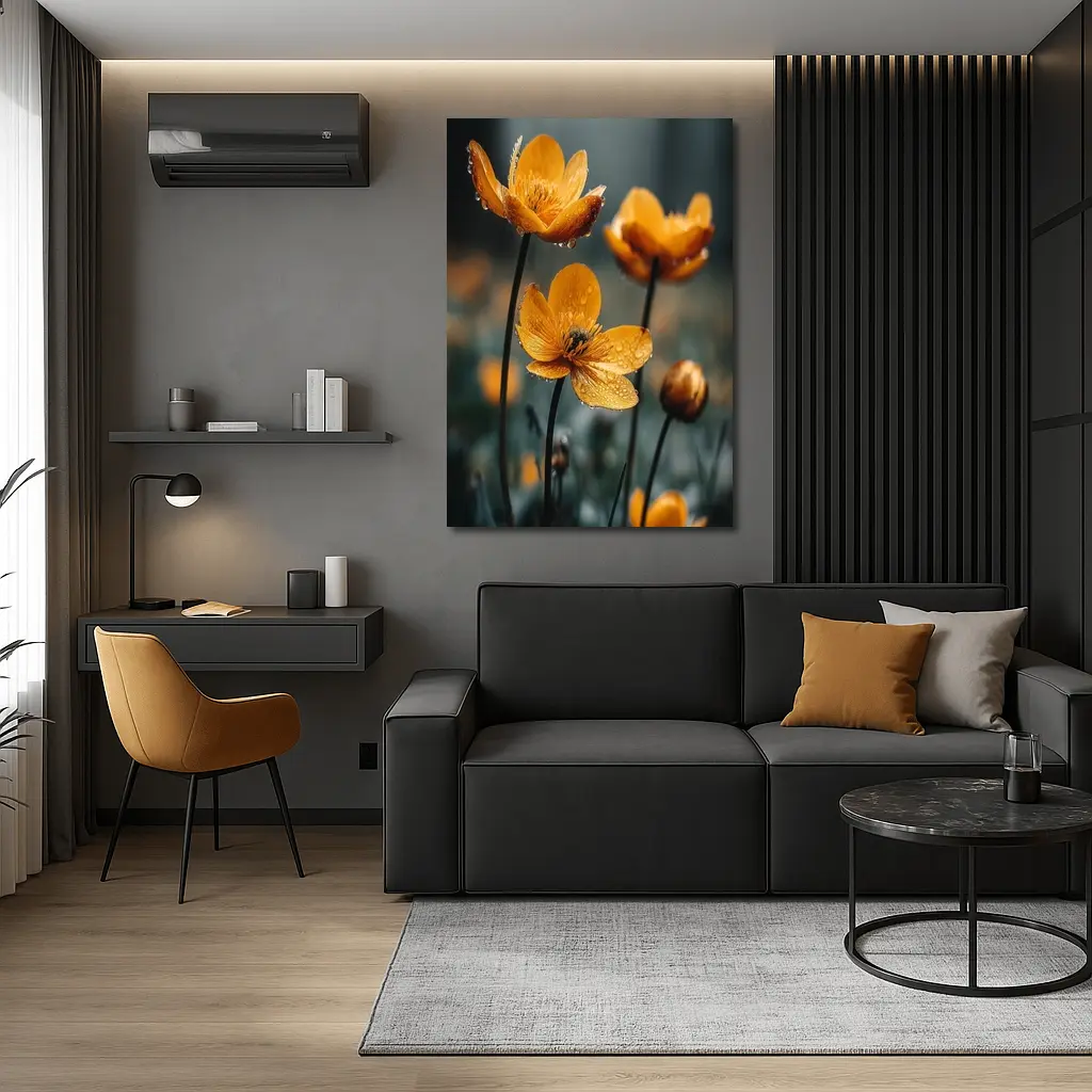 Orange Buttercup Flowers With Rain Drops – Wall Art