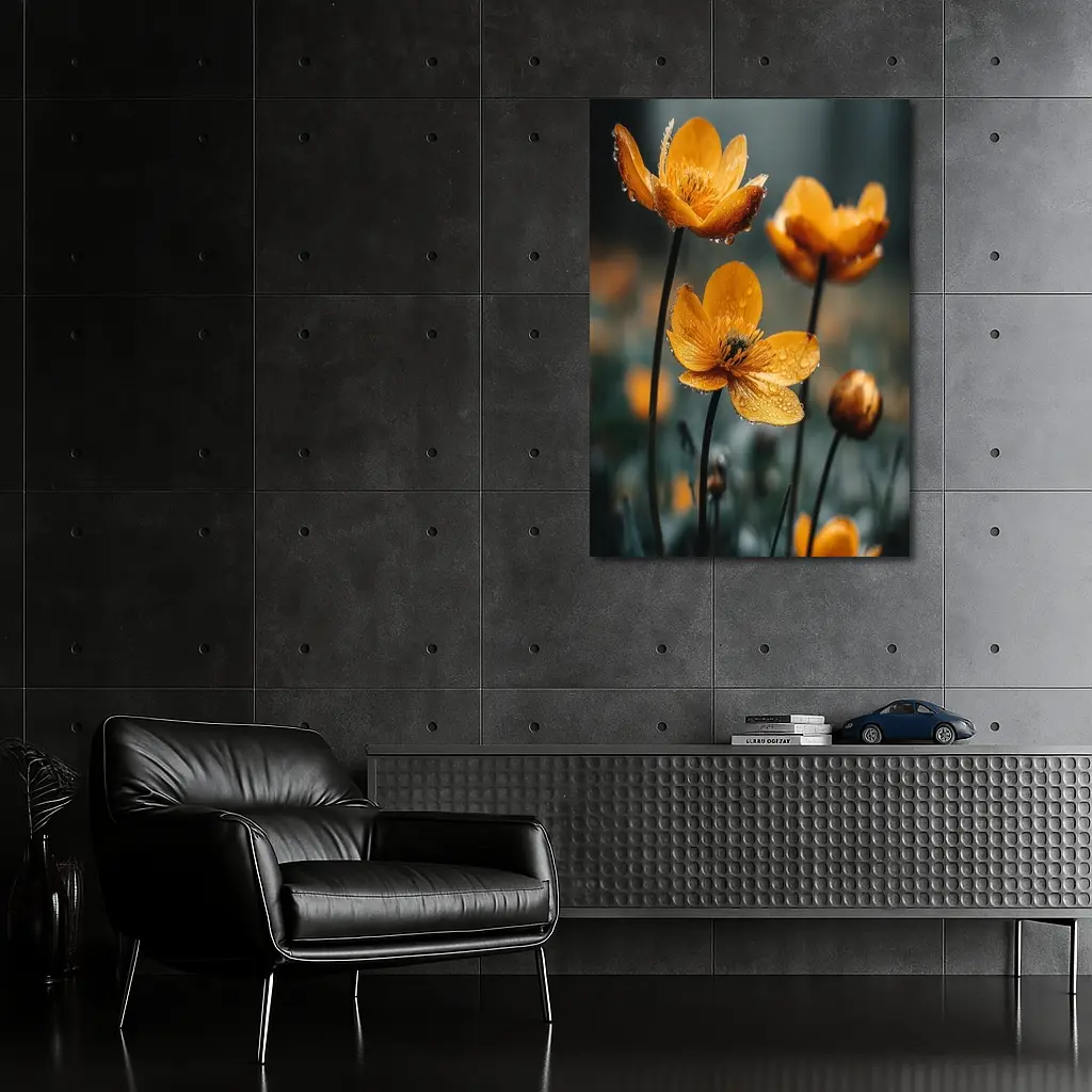 Orange Buttercup Flowers With Rain Drops – Wall Art