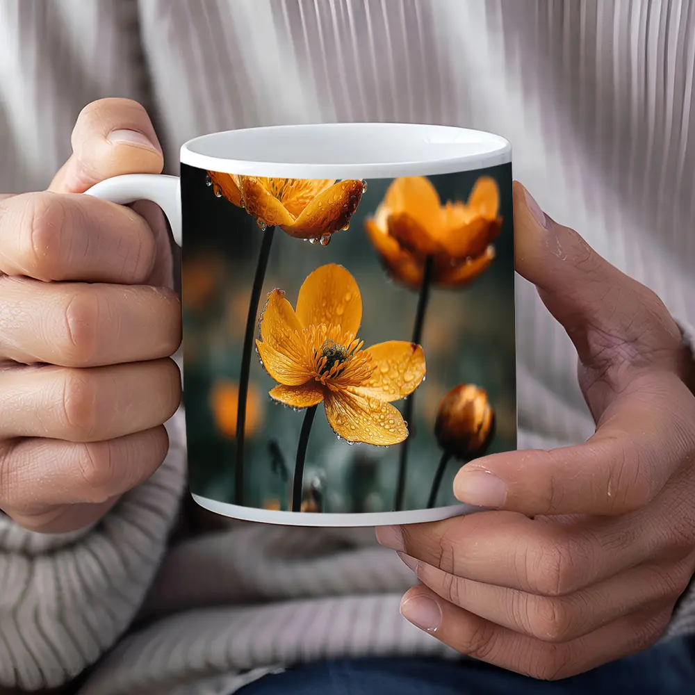 Orange Buttercup Flowers With Rain Drops – Mugs
