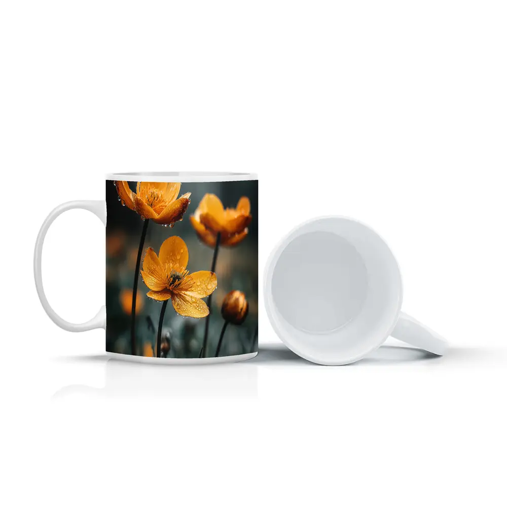 Orange Buttercup Flowers With Rain Drops – Mugs