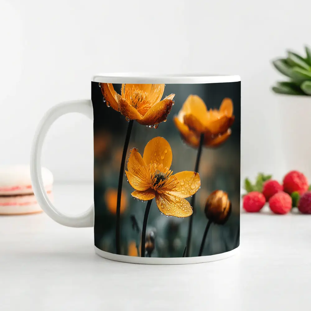 Orange Buttercup Flowers With Rain Drops – Mugs