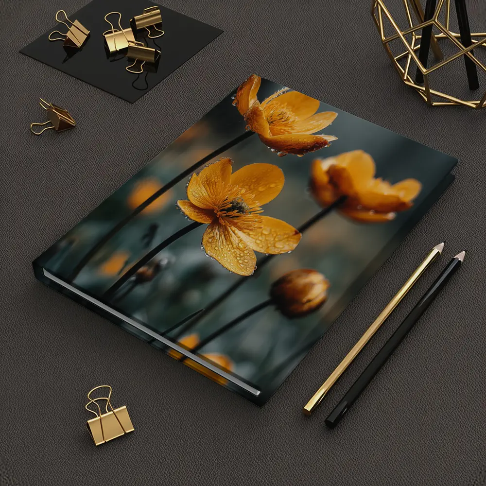 Orange Buttercup Flowers With Rain Drops – Notebooks