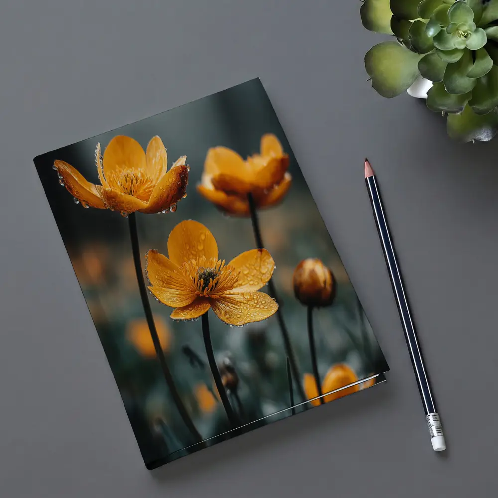 Orange Buttercup Flowers With Rain Drops – Notebooks