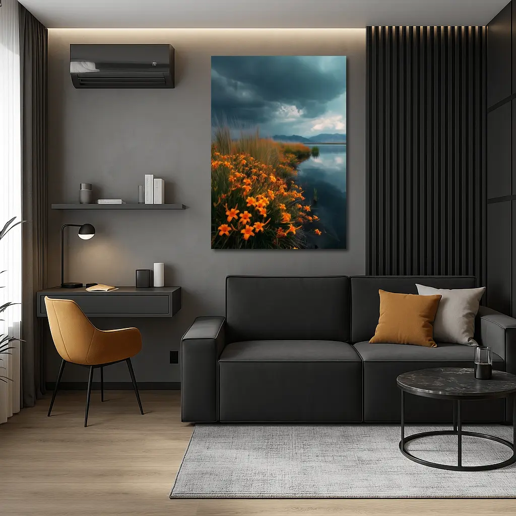 Orange Lilies By Stormy Lake Mountains – Wall Art