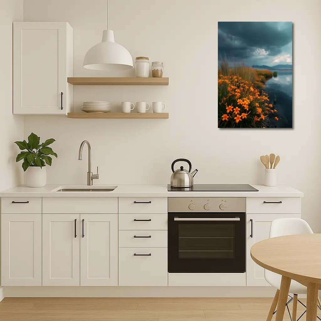 Orange Lilies By Stormy Lake Mountains – Wall Art