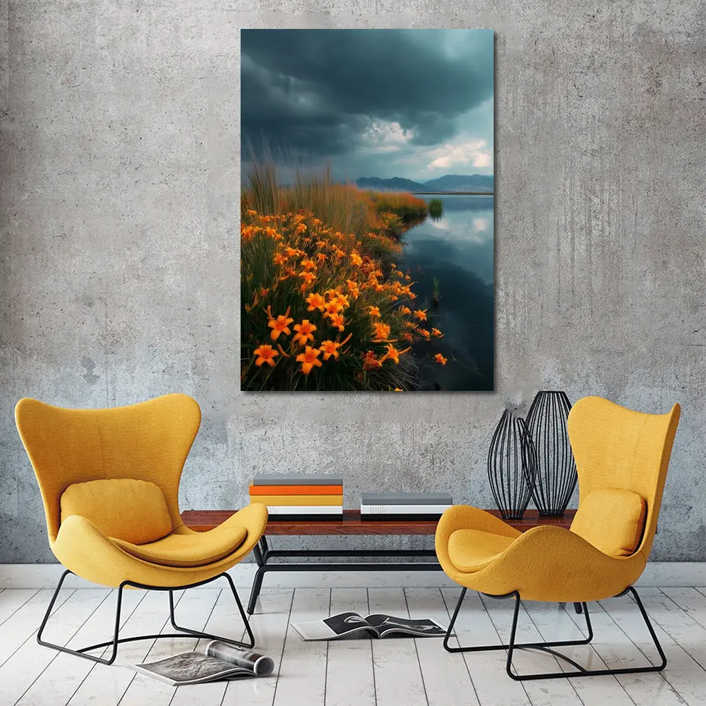 Orange Lilies By Stormy Lake Mountains – Wall Art