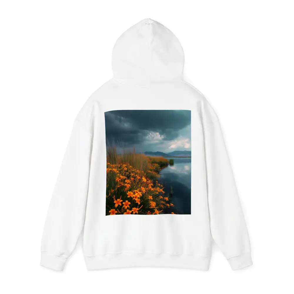 Orange Lilies By Stormy Lake Mountains – Hoodies