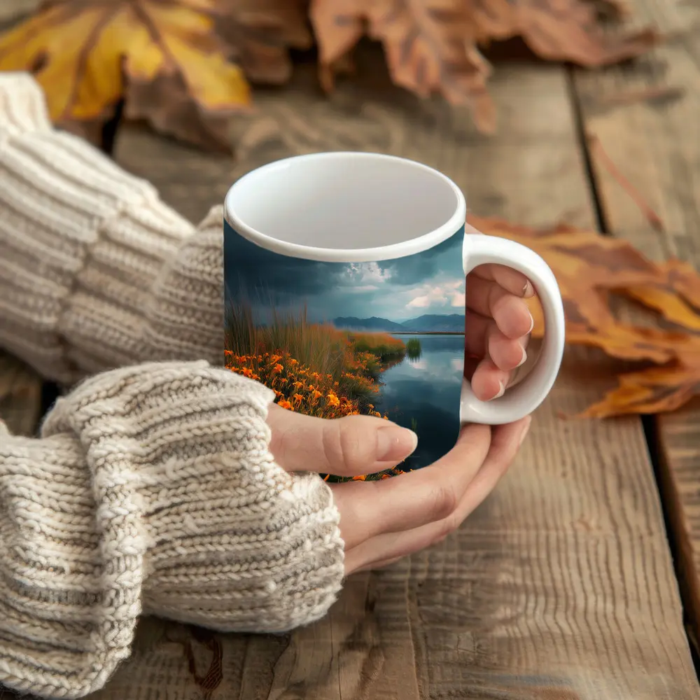 Orange Lilies By Stormy Lake Mountains – Mugs