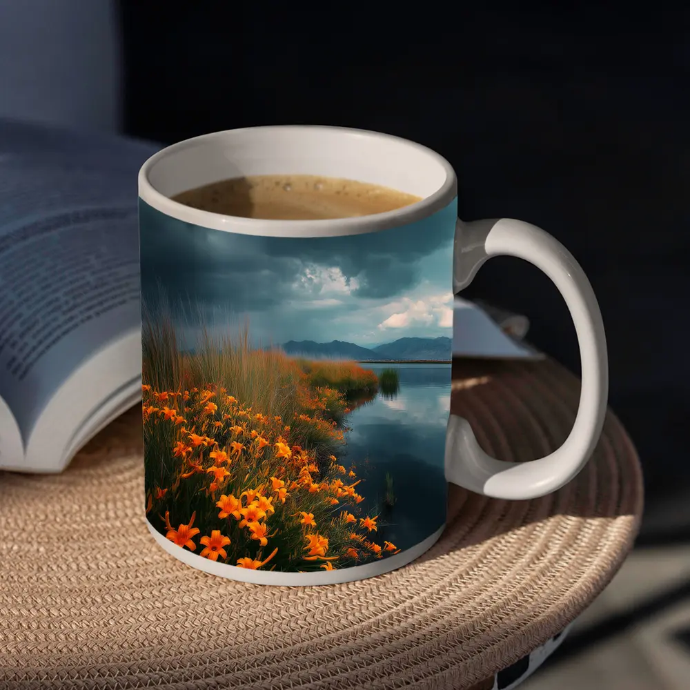 Orange Lilies By Stormy Lake Mountains – Mugs