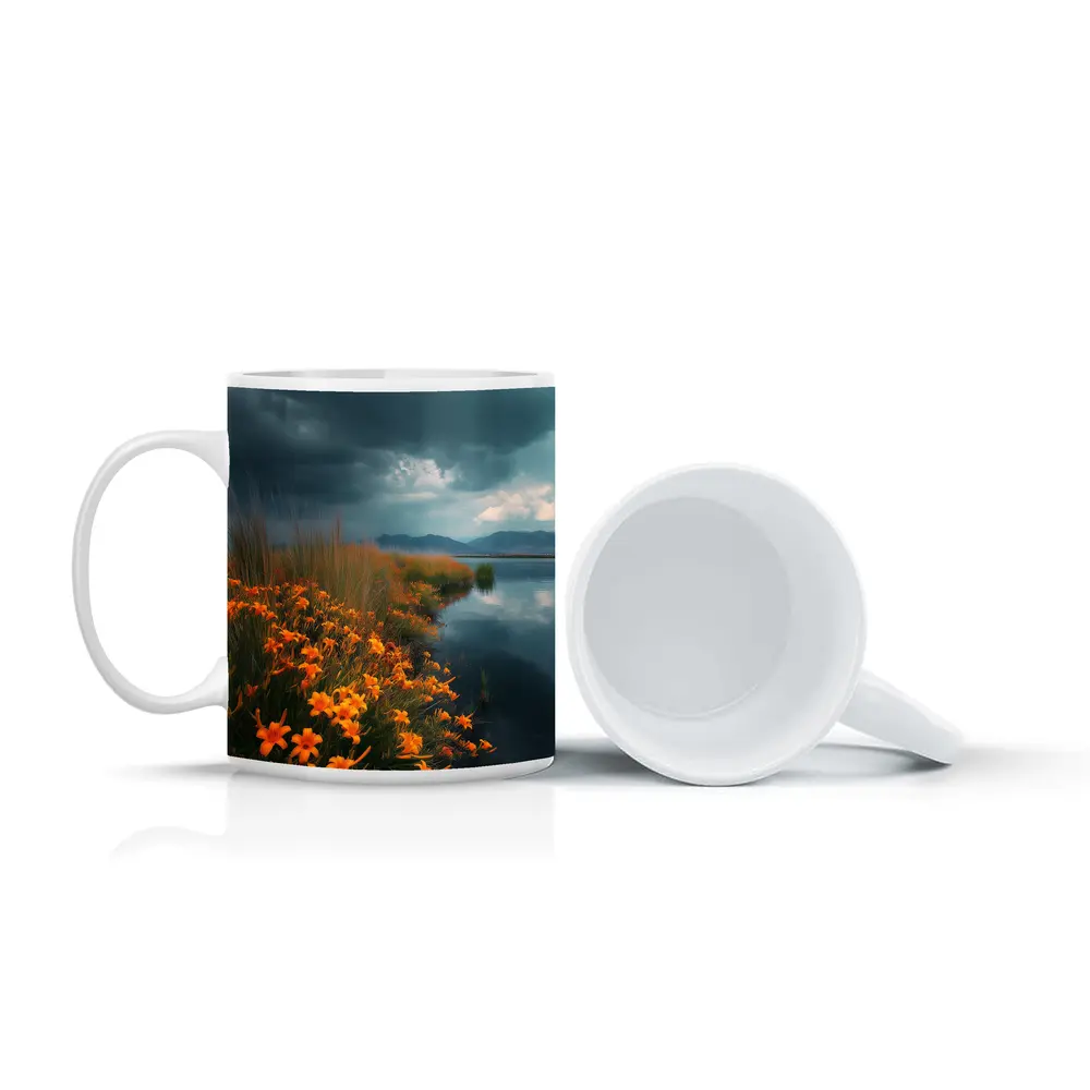 Orange Lilies By Stormy Lake Mountains – Mugs