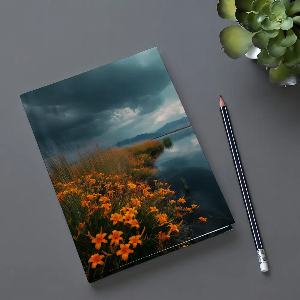 Orange Lilies By Stormy Lake Mountains – Notebooks