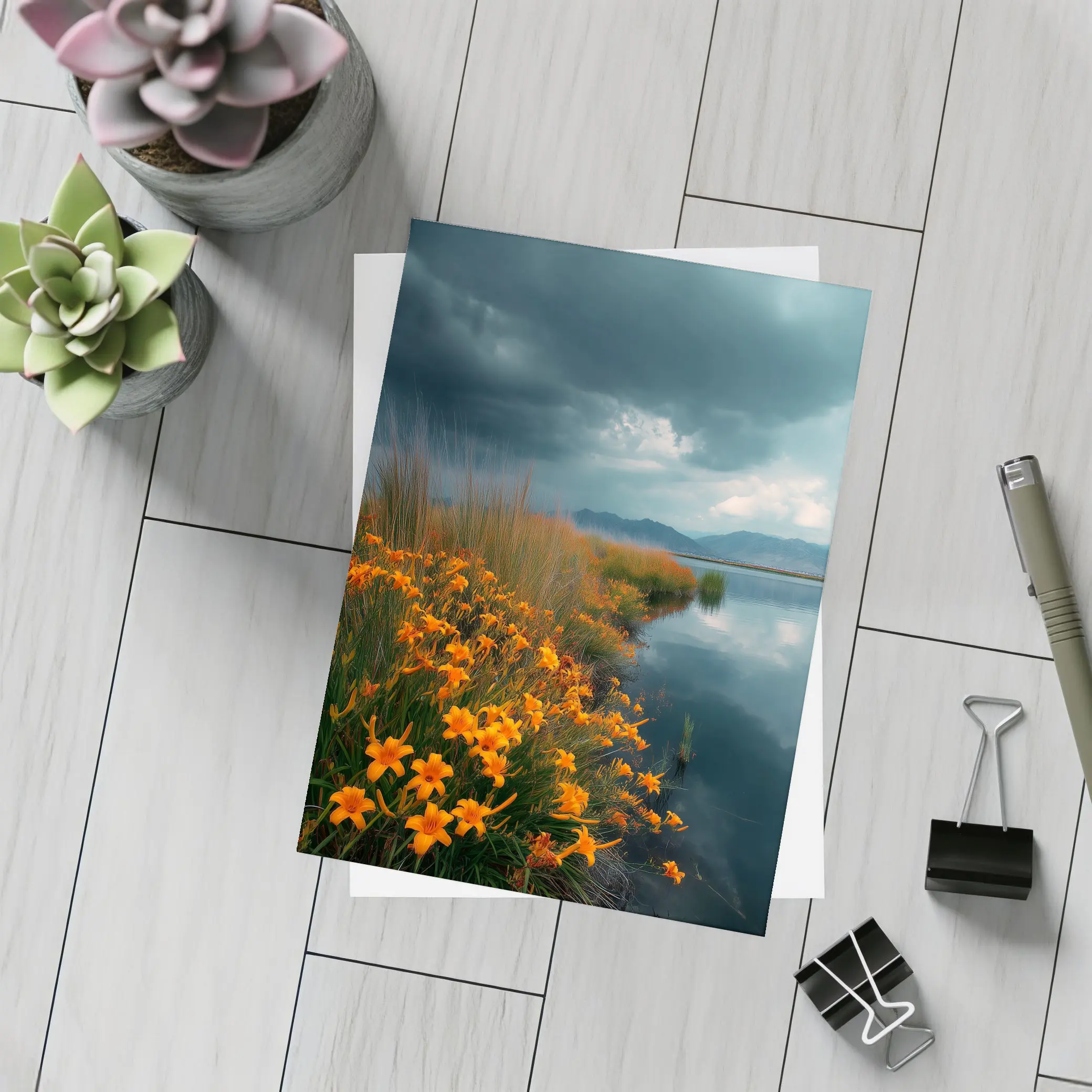 Orange Lilies By Stormy Lake Mountains – Postcards