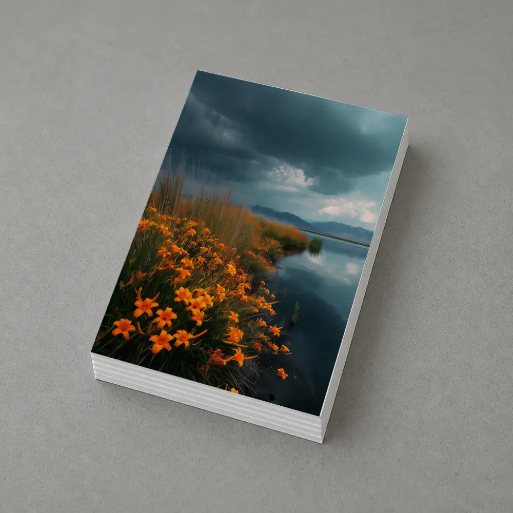 Orange Lilies By Stormy Lake Mountains – Postcards