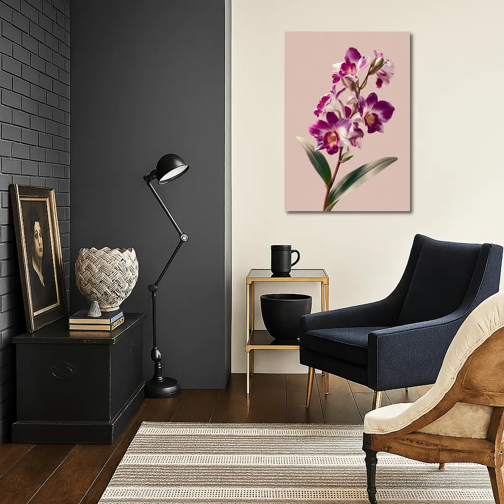 Purple Orchid Botanical Illustration Beige Background – Wall Art
