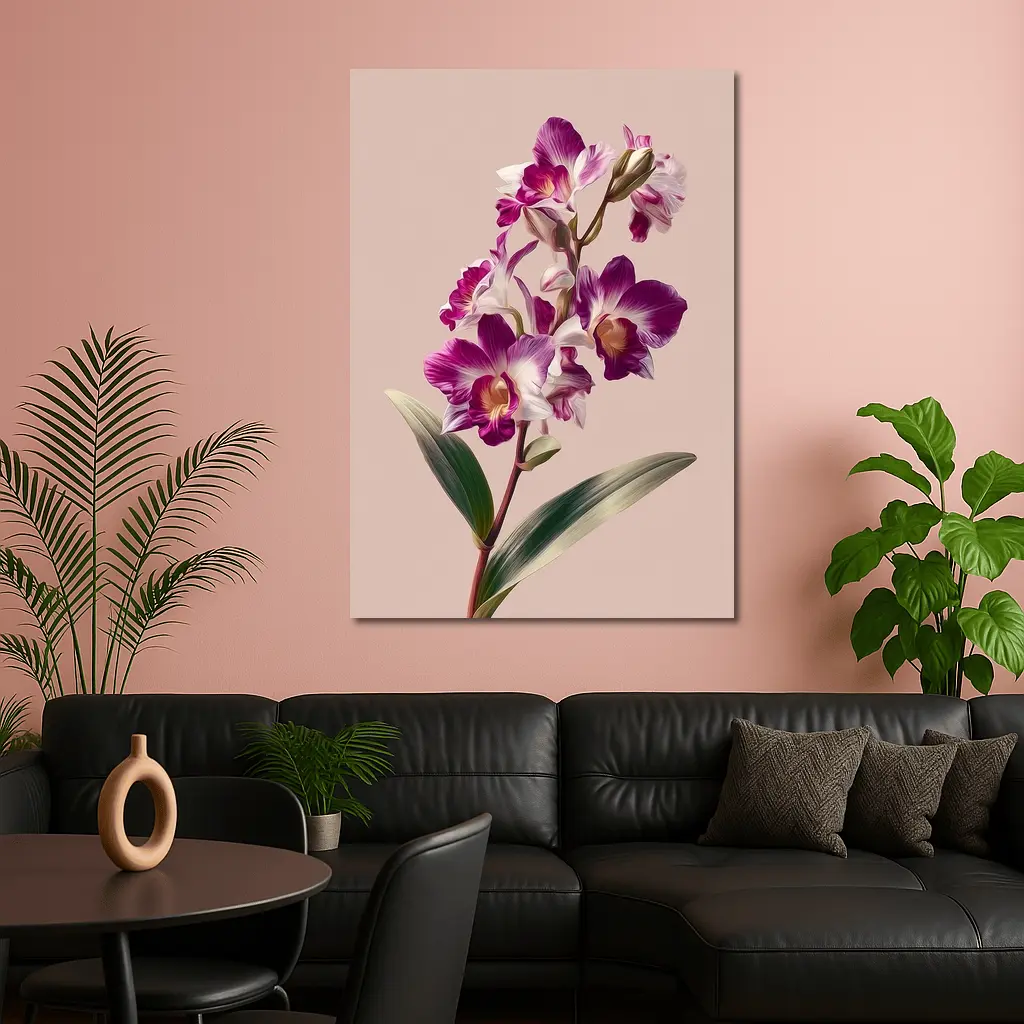 Purple Orchid Botanical Illustration Beige Background – Wall Art