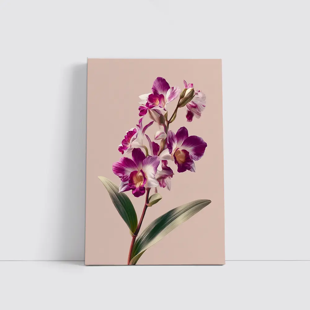 Purple Orchid Botanical Illustration Beige Background – Wall Art