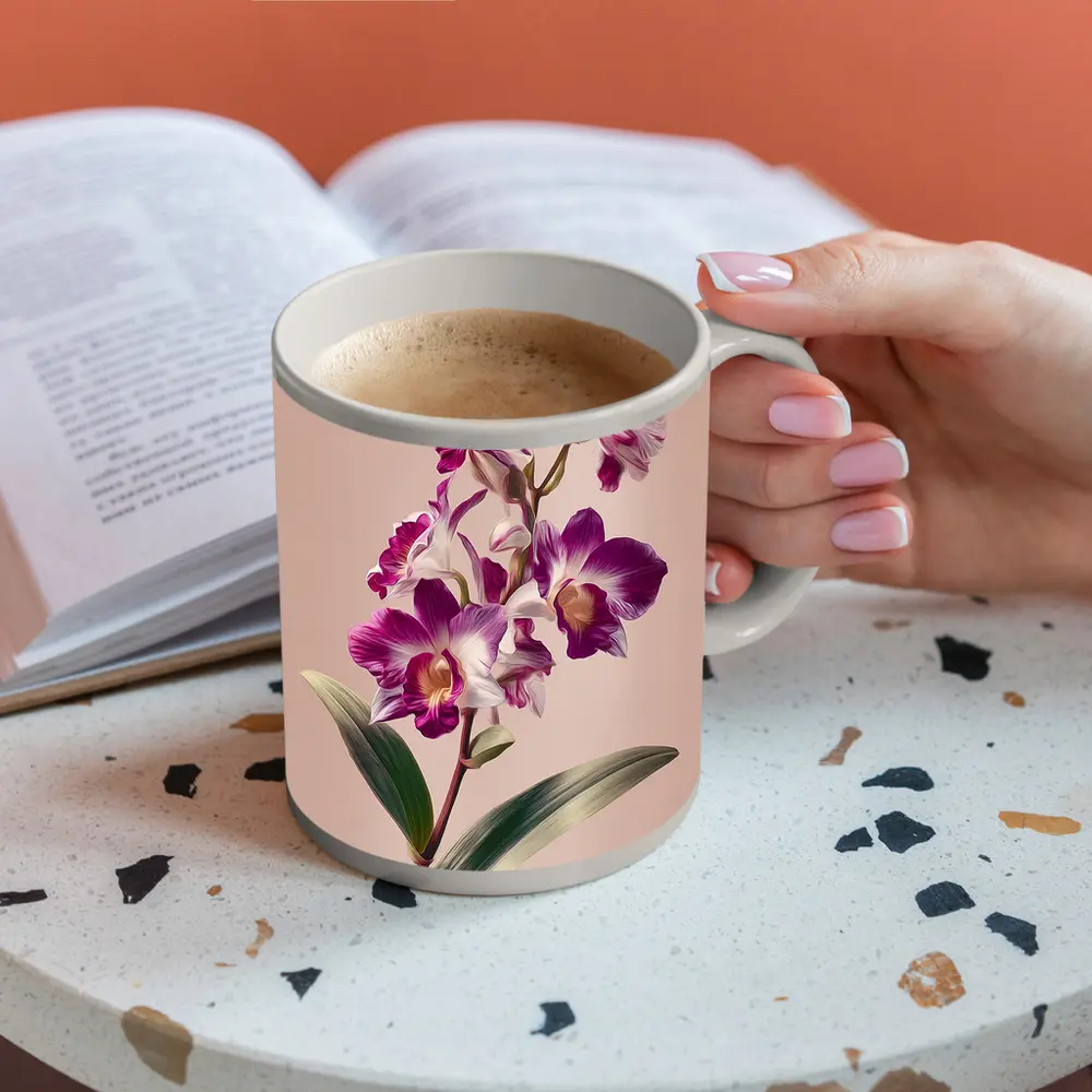 Purple Orchid Botanical Illustration Beige Background – Mugs