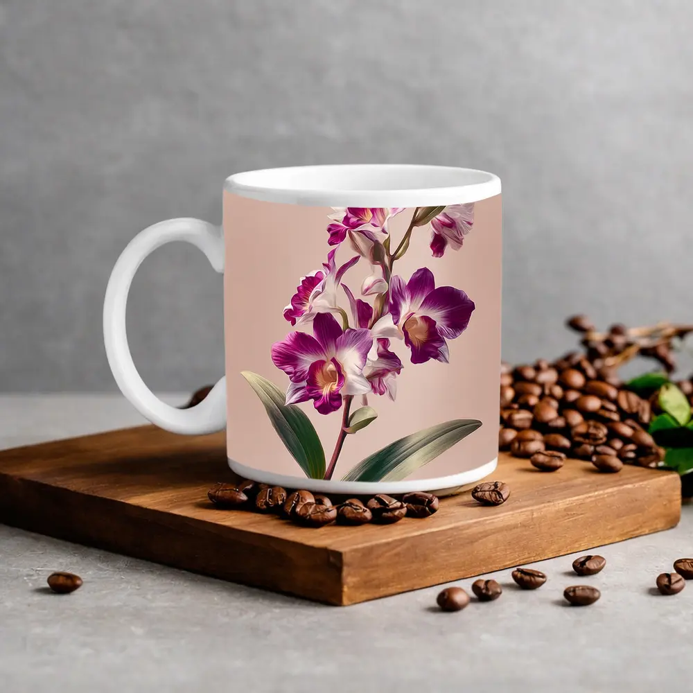 Purple Orchid Botanical Illustration Beige Background – Mugs
