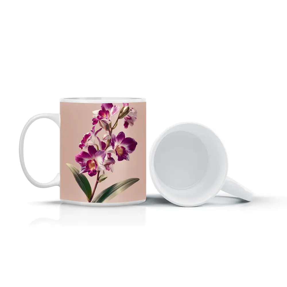 Purple Orchid Botanical Illustration Beige Background – Mugs