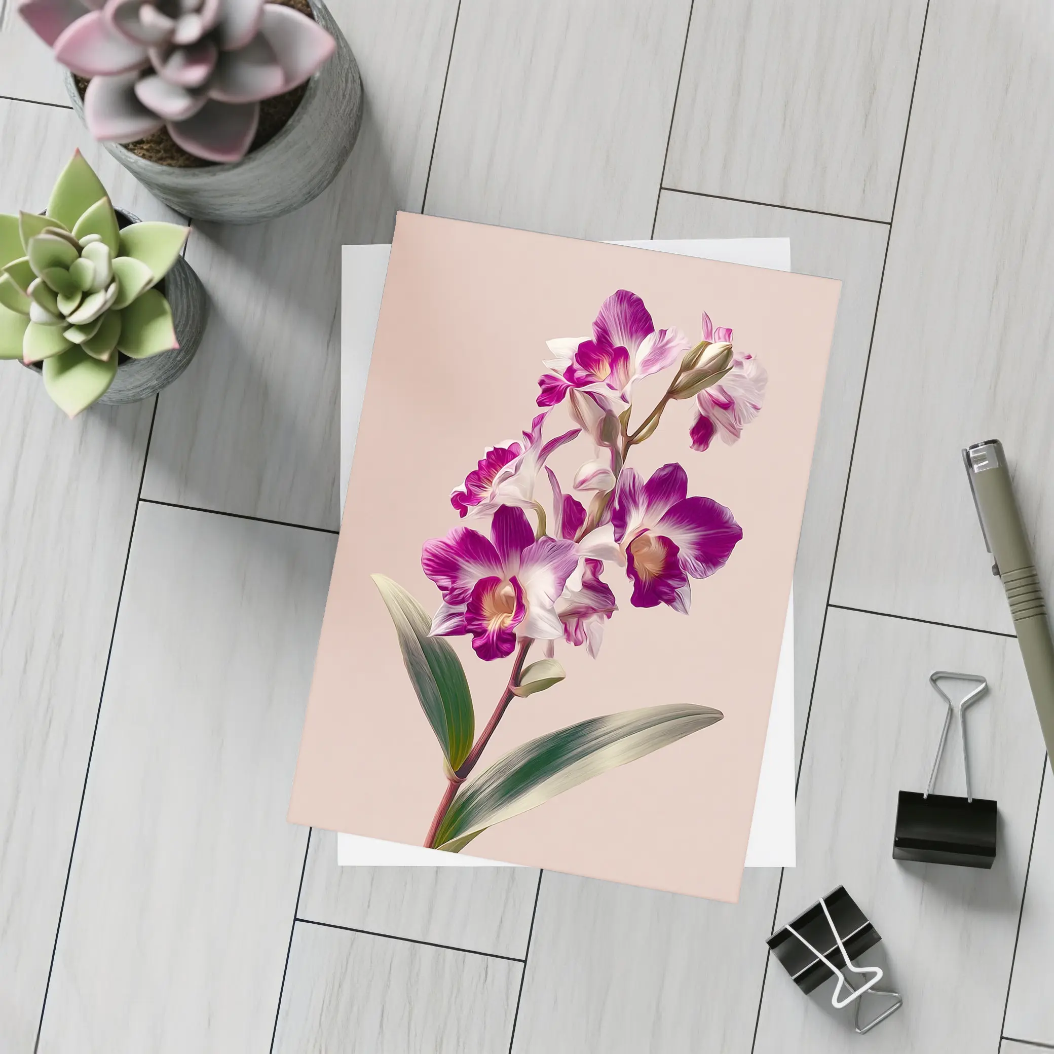 Purple Orchid Botanical Illustration Beige Background – Postcards