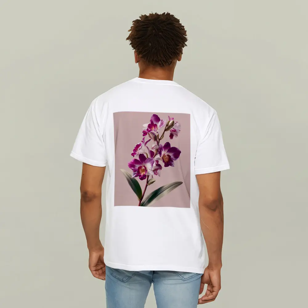 Purple Orchid Botanical Illustration Beige Background – T-Shirts