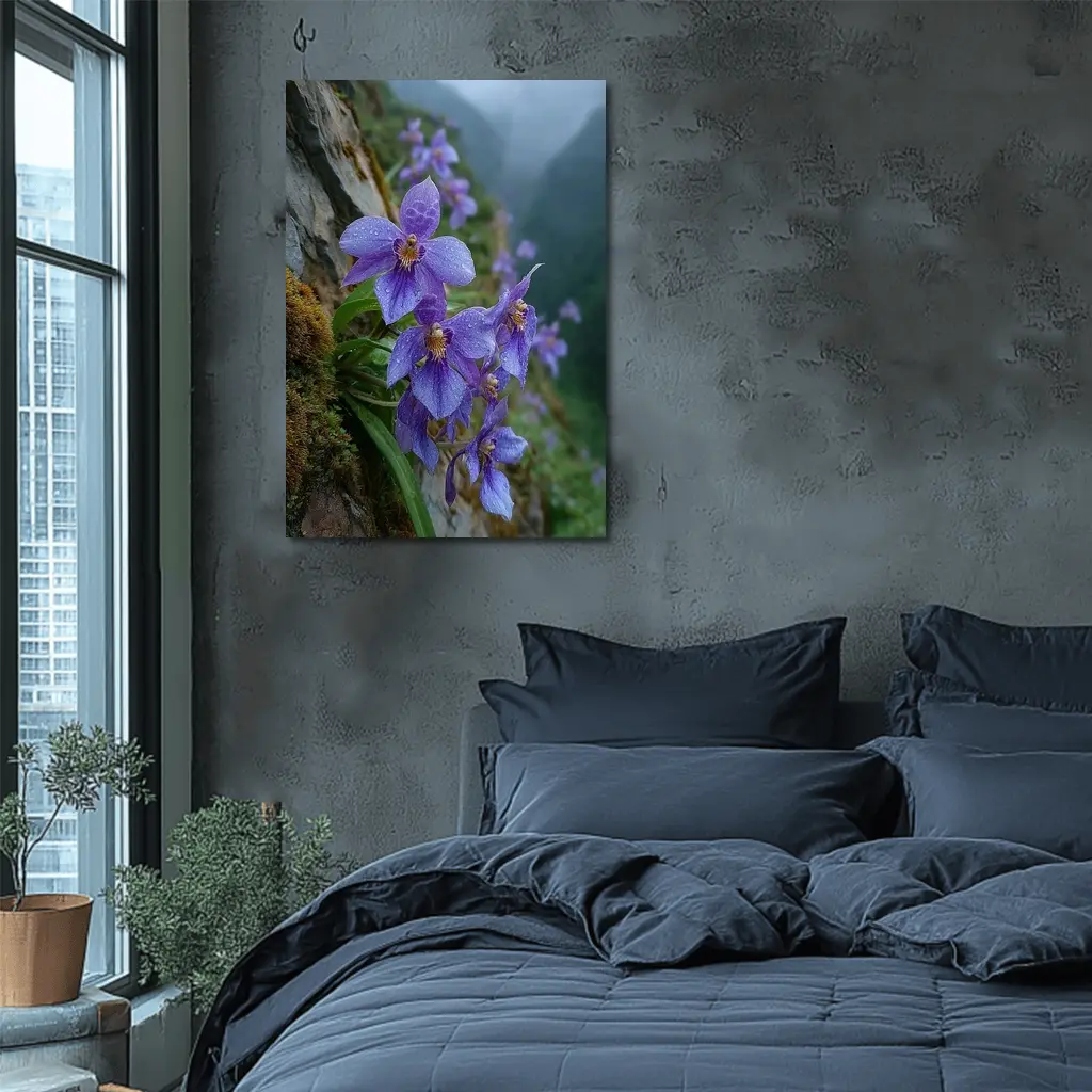 Purple Orchids Growing on Misty Mountain Cliff – Wall Art