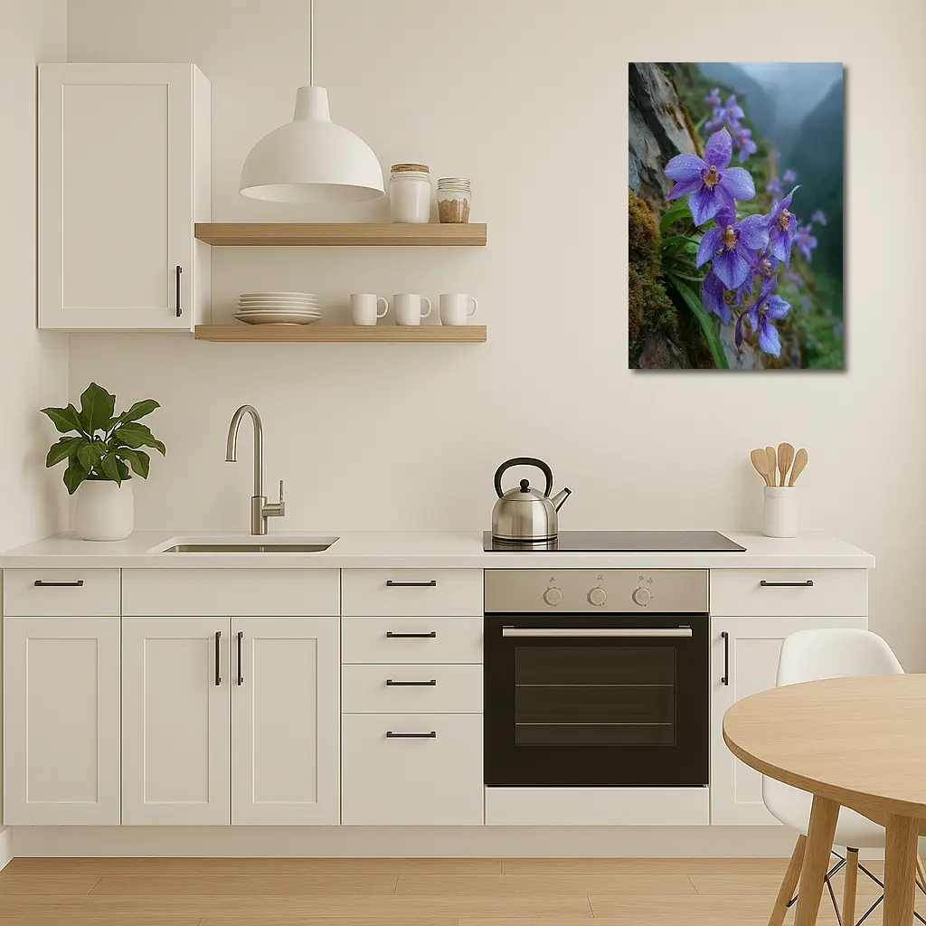 Purple Orchids Growing on Misty Mountain Cliff – Wall Art