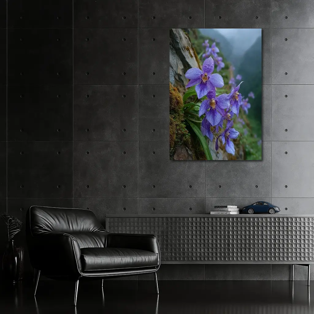 Purple Orchids Growing on Misty Mountain Cliff – Wall Art