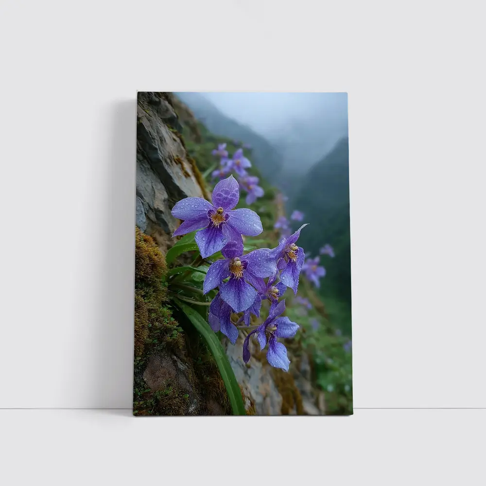 Purple Orchids Growing on Misty Mountain Cliff – Wall Art