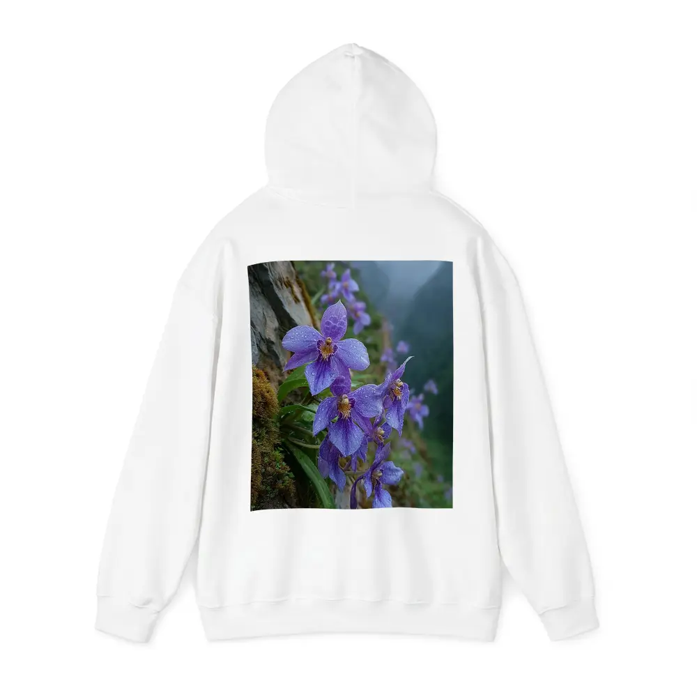 Purple Orchids Growing on Misty Mountain Cliff – Hoodies