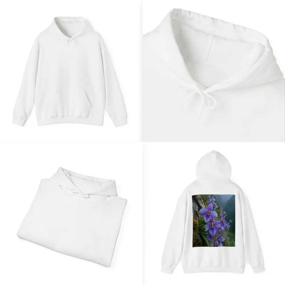 Purple Orchids Growing on Misty Mountain Cliff – Hoodies