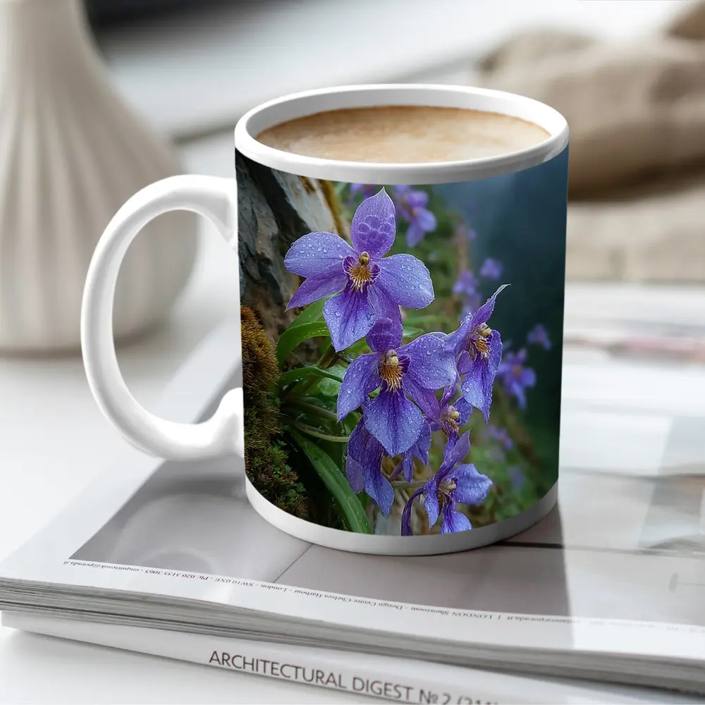 Purple Orchids Growing on Misty Mountain Cliff – Mugs