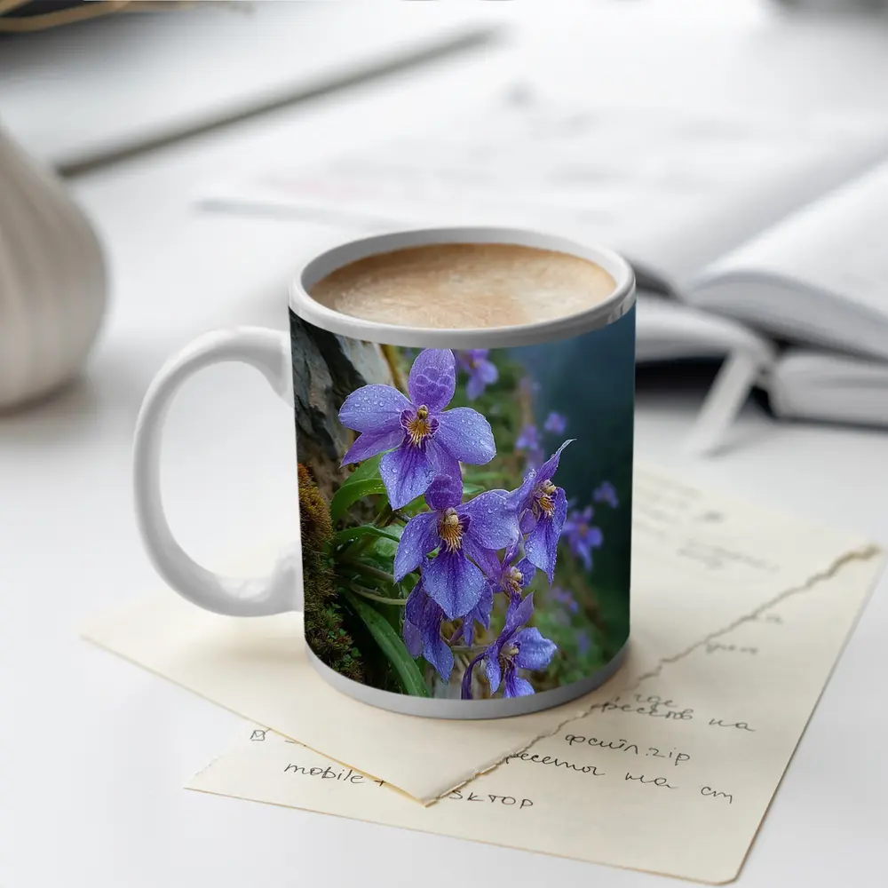 Purple Orchids Growing on Misty Mountain Cliff – Mugs
