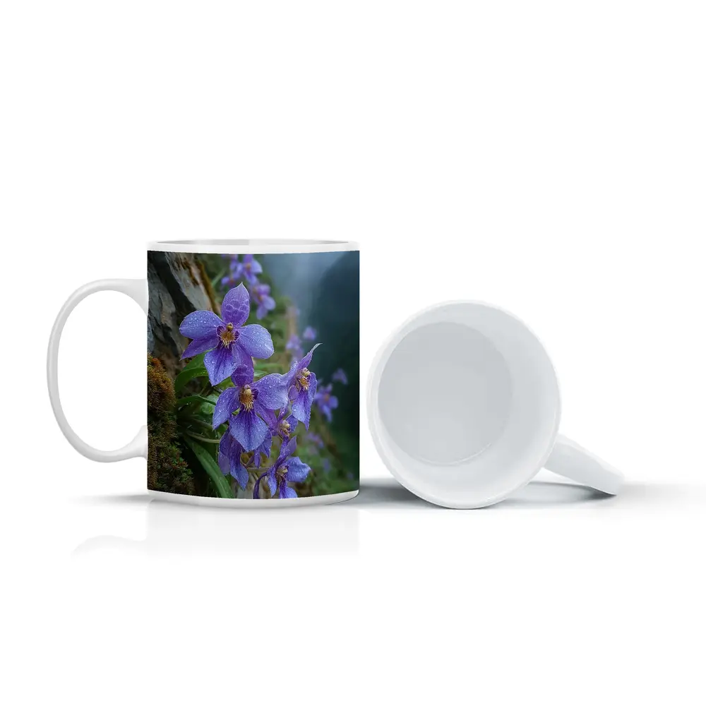 Purple Orchids Growing on Misty Mountain Cliff – Mugs