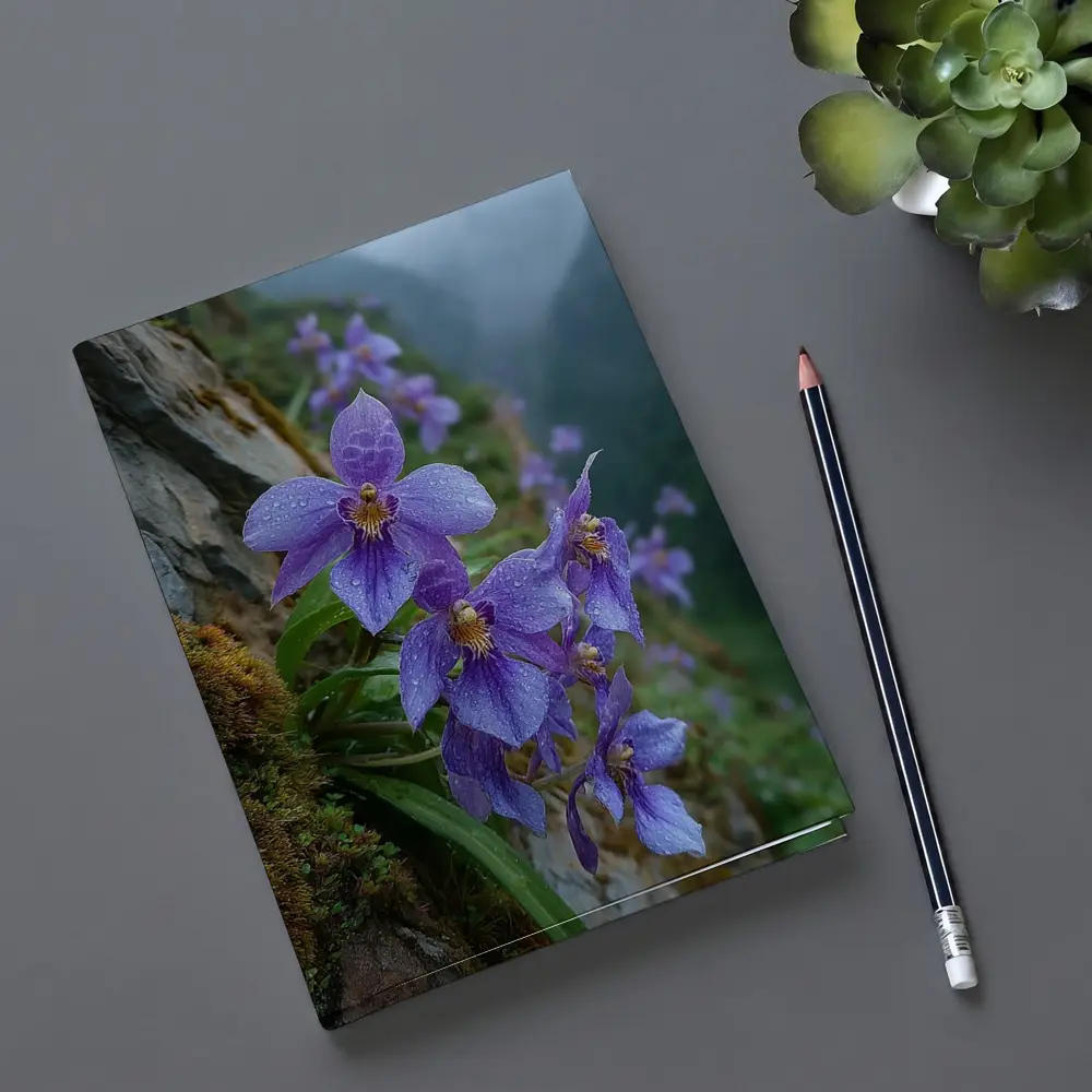 Purple Orchids Growing on Misty Mountain Cliff – Notebooks